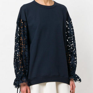 See By Chloé Navy Lace Sleeved Cotton Sweater XS